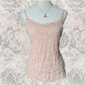 Pink Lace Y2K Coquette Sheer Floral Fitted Women’s Medium Stretchy Comfy Cami